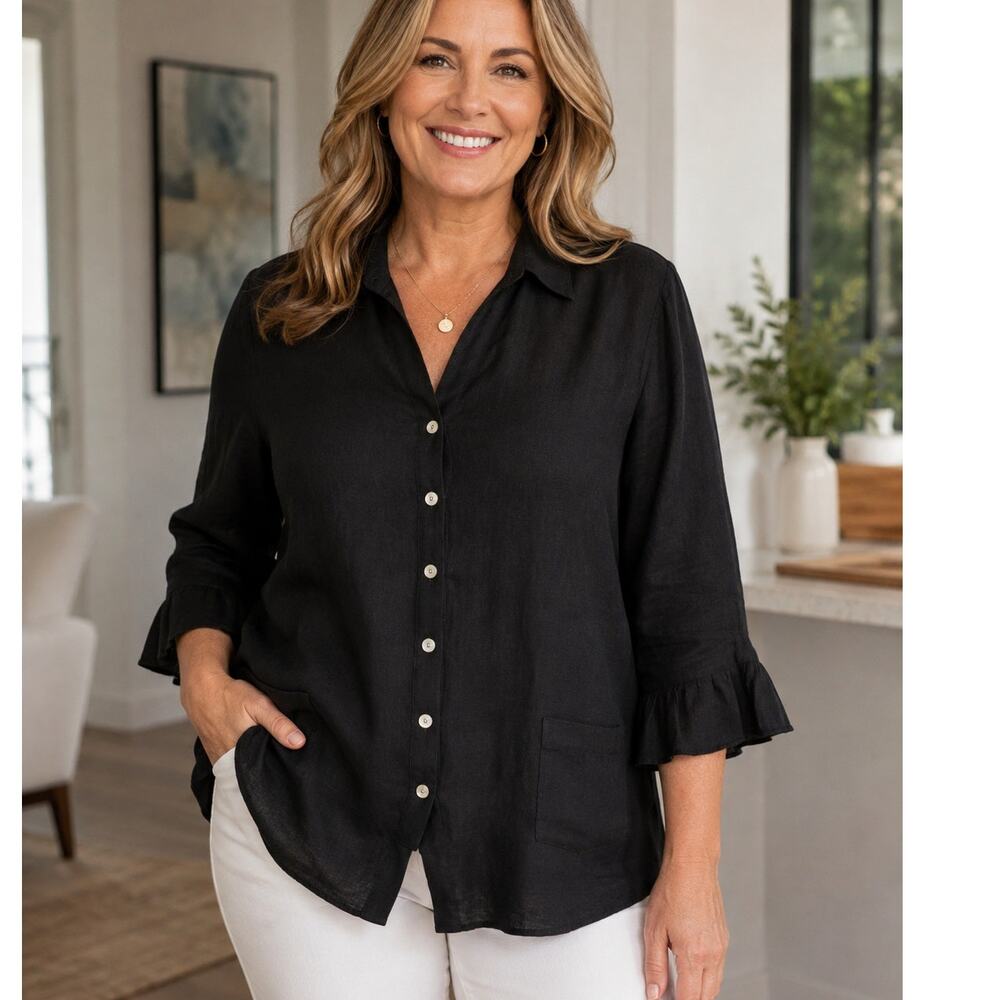 Talbots Fresh Linen Black Ruffle Sleeve Button Front Blouse Women’s 18W NWT